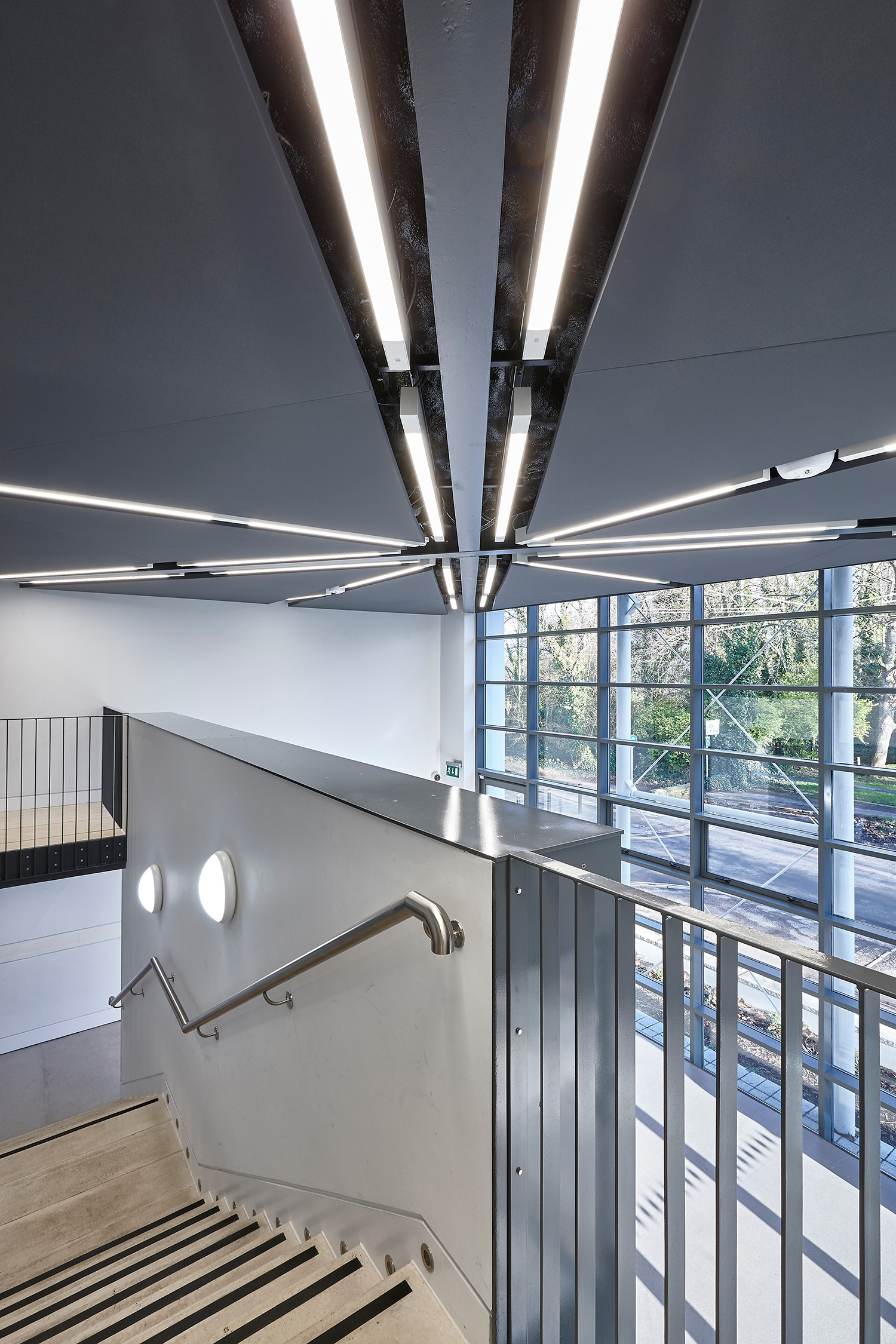 Modern, well-lit interior featuring a staircase with metal handrails and steps with contrasting edges. Overhead, linear ceiling lights converge. Large windows offer a view of greenery outside.