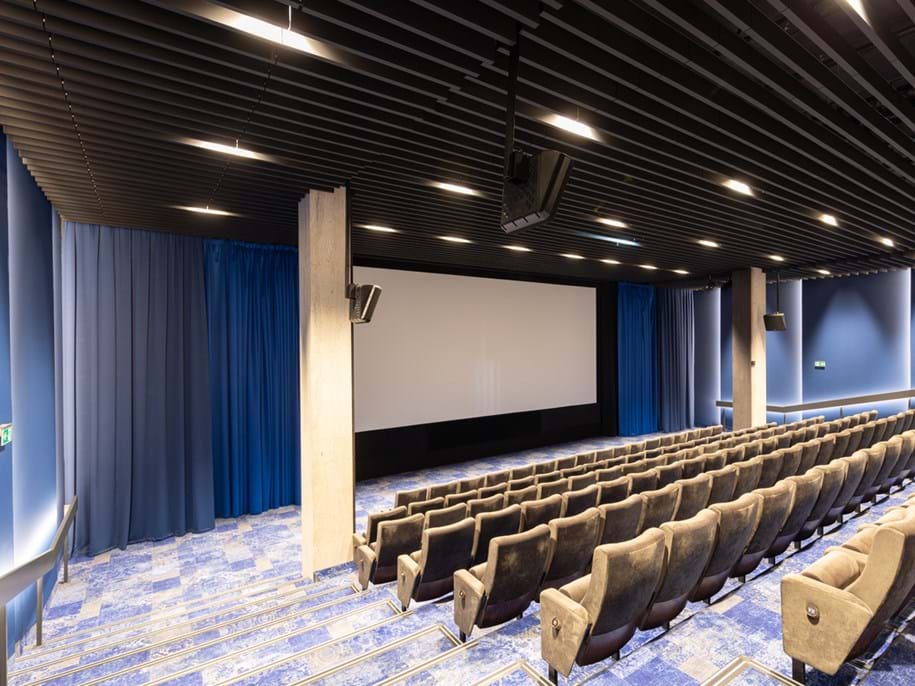 A large cinema with rows of upholstered chairs and a big screen with blue curtains on the sides. Acoustic baffles are installed in the ceiling. The walls are blue and the carpet has a matching blue and beige pattern.