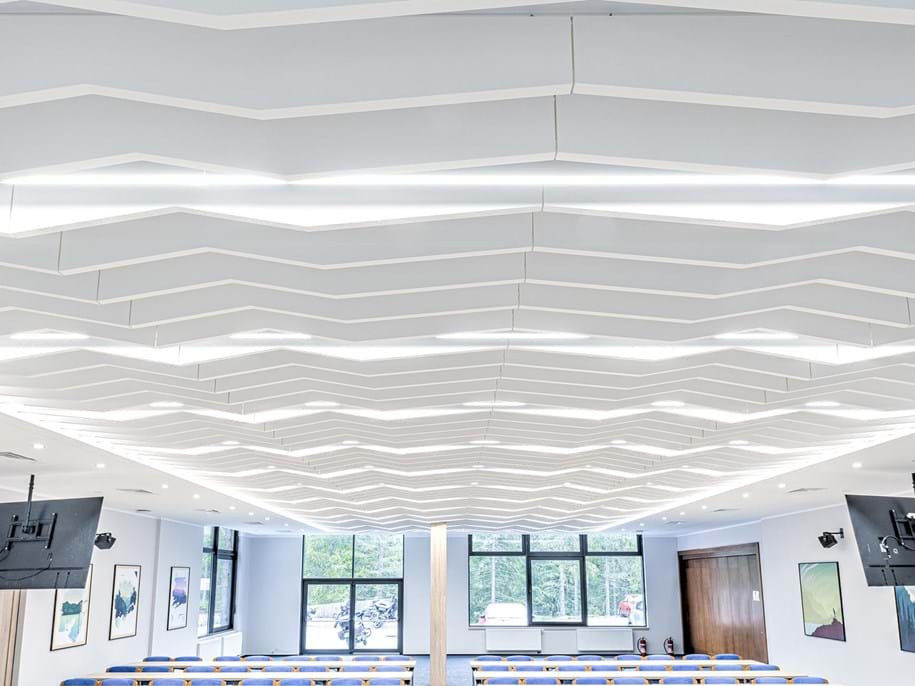 Free-hanging acoustic baffles in congress hall