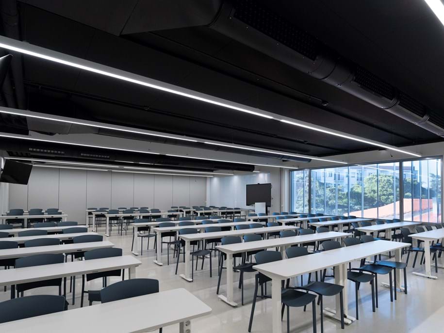 Black acoustic ceiling fixed directly to the soffit in university lecture hall