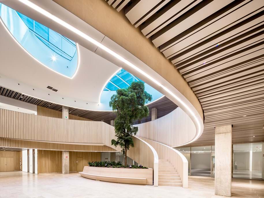A spacious, modern interior features a curved staircase, a skylight, and wooden ceiling panels. A tree in an indoor planter adds greenery. The neutral tones and sleek design create an elegant and inviting atmosphere.