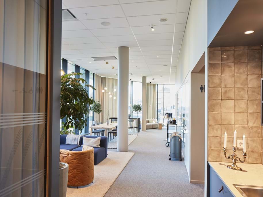 White, suspended acoustic ceiling in office social area with furniture in soft colours