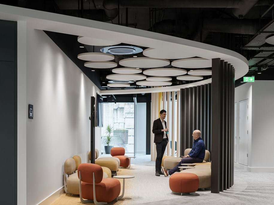 Free hanging acoustic panels in office social area