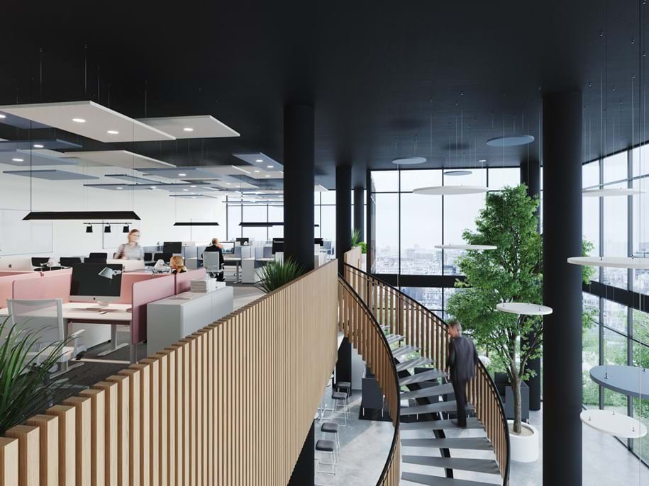 Acoustic baffles in open office landscape