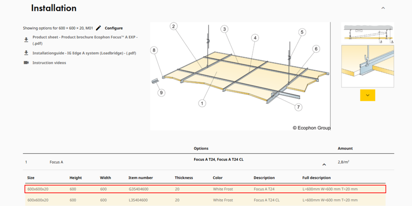 Installatie-instructies voor plafondpanelen. De afbeelding toont een diagram van panelen en beugels met daaronder een tabel met productspecificaties. De tabel bevat details zoals afmetingen, hoogte, breedte, artikelnummer, dikte en kleur.