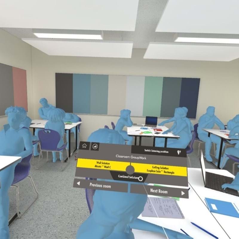 A digital rendering of a classroom filled with blue avatars sitting at desks. The walls are colourful, and a virtual interface panel is superimposed, showing options for adjusting room acoustics.