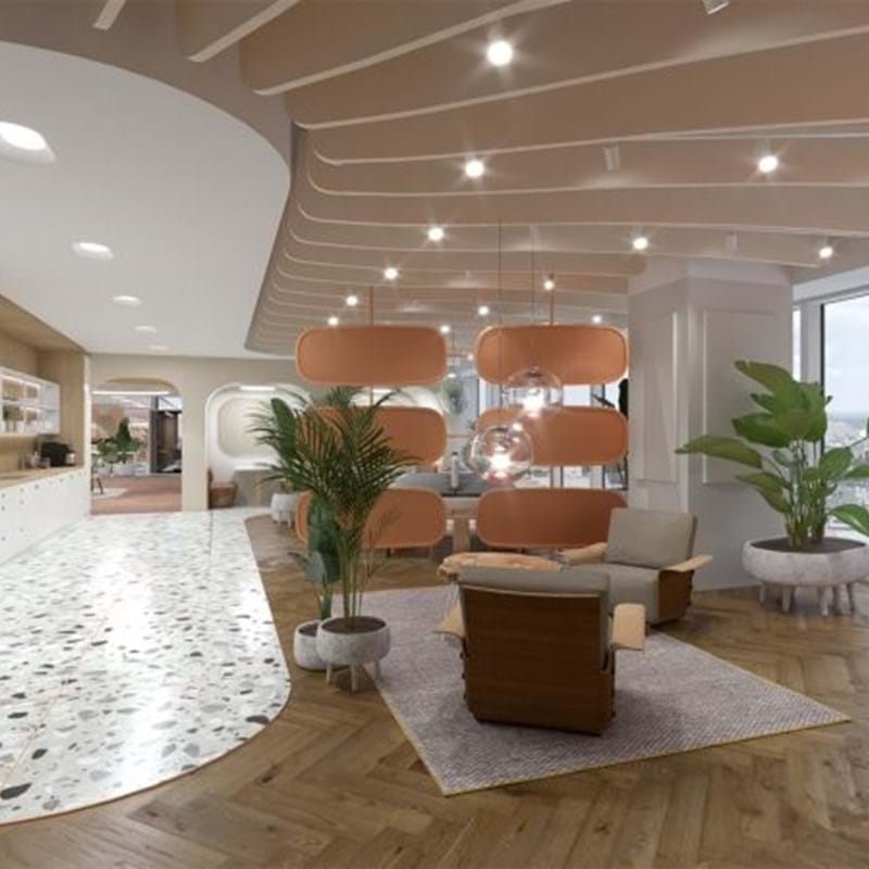 Modern office reception area with curved walls, wooden flooring, and terrazzo path. Features large windows, potted plants, and a seating area with armchairs. The ceiling has wave-like panels.