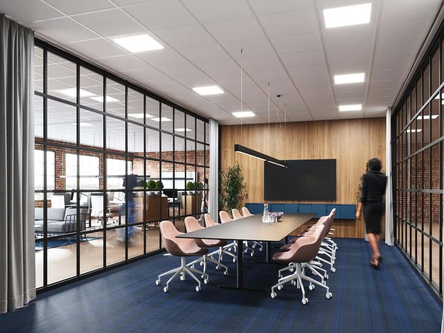 Suspended acoustic ceiling in modern office conference room