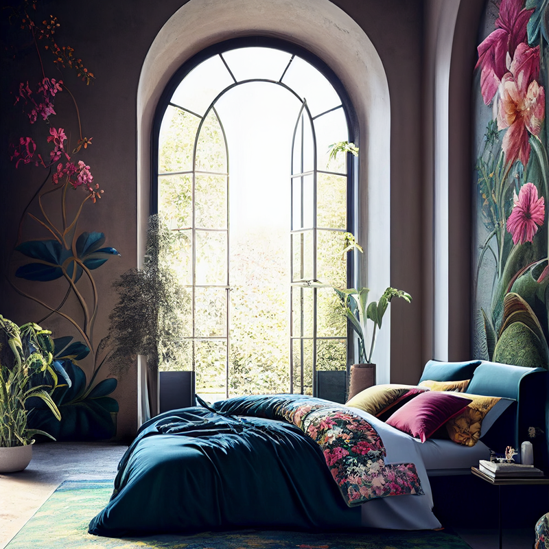 Clispso stof met print op slaapkamermuurretch fabric on bedroom walls