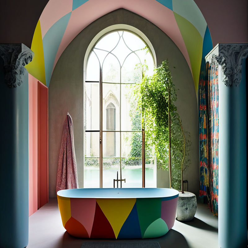 Clispso stof met print op plafond badkamer