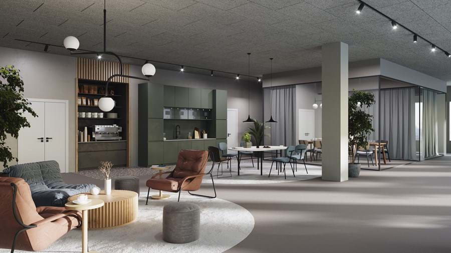 Grey, acoustic wood wool ceiling in large lounge area with several seating arrangements, kitchen area and round carpets