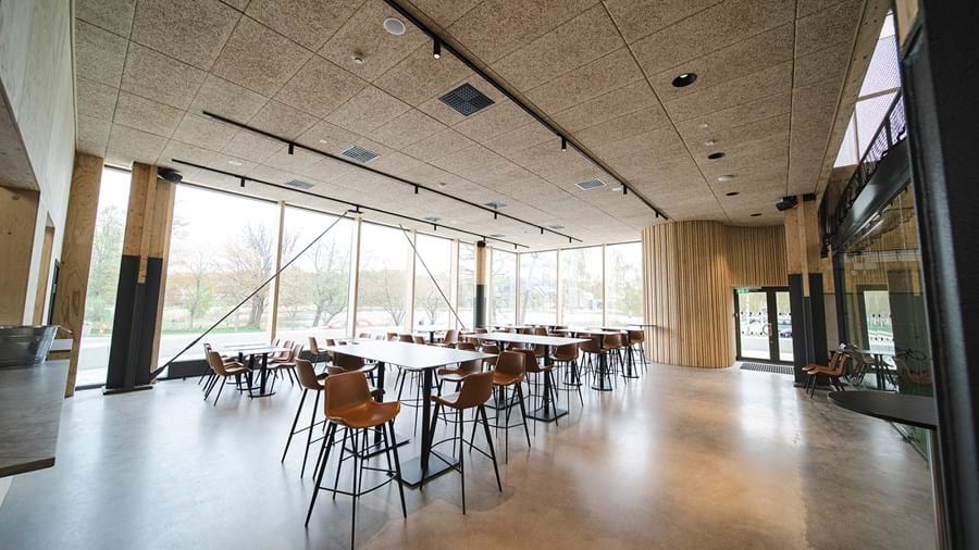 A modern, spacious dining area with tall windows letting in natural light. The room features long tables surrounded by high-backed chairs on a polished concrete floor. The ceiling features a wall-to-wall wood wool acoustic ceiling in a natural colour. Large windows offer views of greenery outside.