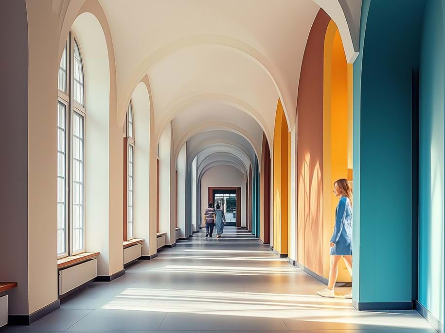 A spacious corridor with arched ceilings and a series of doorways on the right side. The walls are painted in alternating warm orange and cool blue tones, creating a striking contrast. Sunlight streams in through the windows on the left, casting long shadows on the tiled floor. Two people are standing at different points in the hallway, adding a sense of scale to the architecture. The perspective leads the eye towards a vanishing point at the end of the corridor.