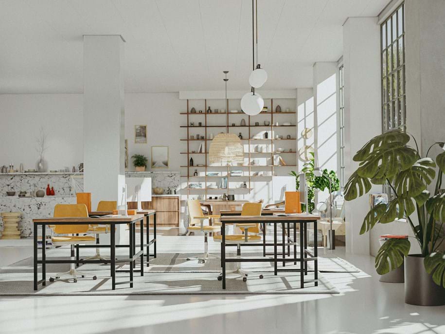 Suspended acoustic ceiling in spacious and modern open-plan office with big windows, plants and wooden furniture