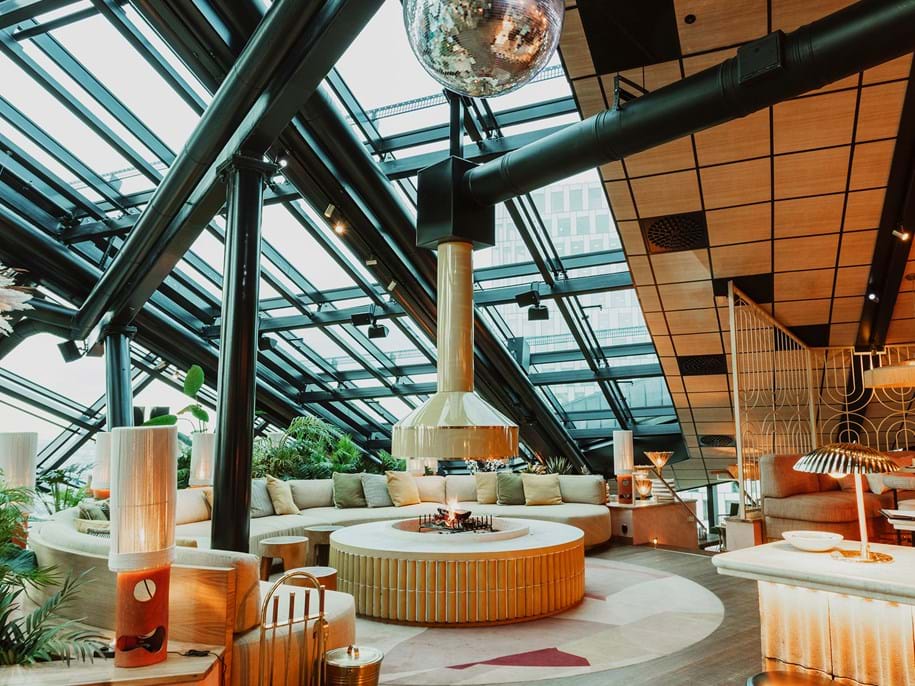 Hotel lounge area with suspended acoustic ceiling